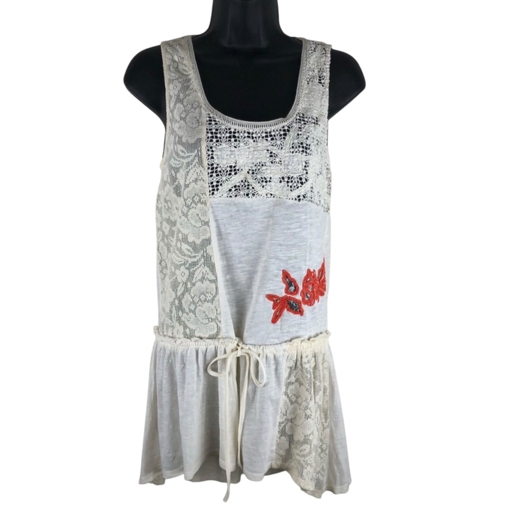 Anthropologie Ric Rac Ivory Lace Crochet Tunic Sleeveless Tank Top Drawstring XS